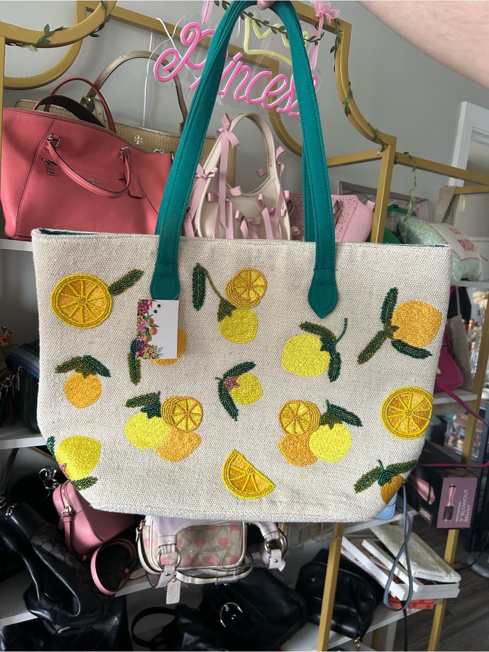 Canvas Lemon Beaded Tote Bag with Teal Handles — NWT